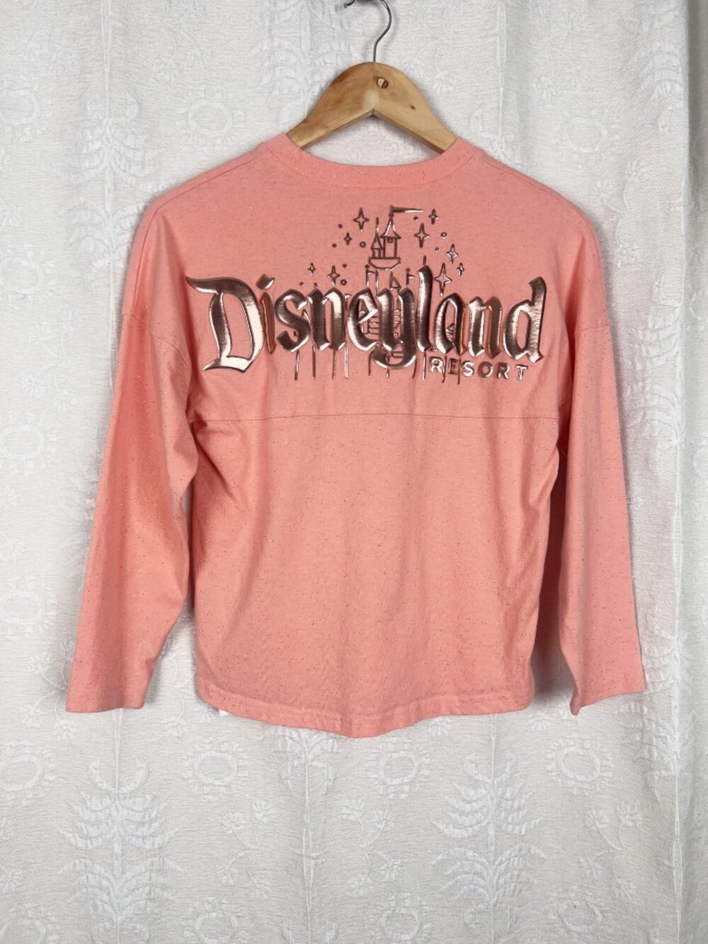 Disneyland Resort Peach Punch Spirit Jersey shirt kids Large peach gold glitter